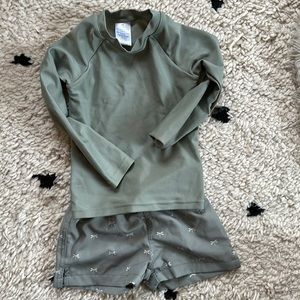 JAMIE KAY sea green rash guard and dragon fly drawstring swim trunks. 1 YR